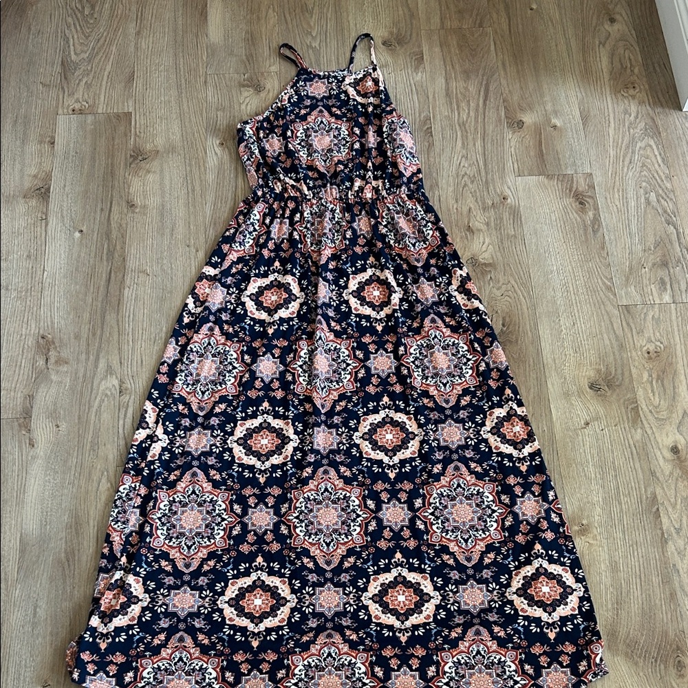 French Grey Women's Maxi Dress - Navy and Peach Pattern